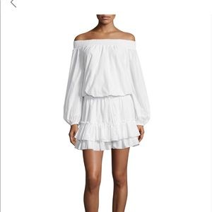 Elizabeth and James white off the shoulder dress